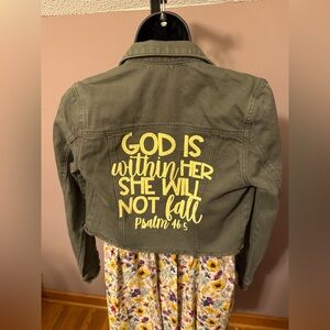 Women’s  size S  denim jacket God is within Her She Will Not Fall. Green